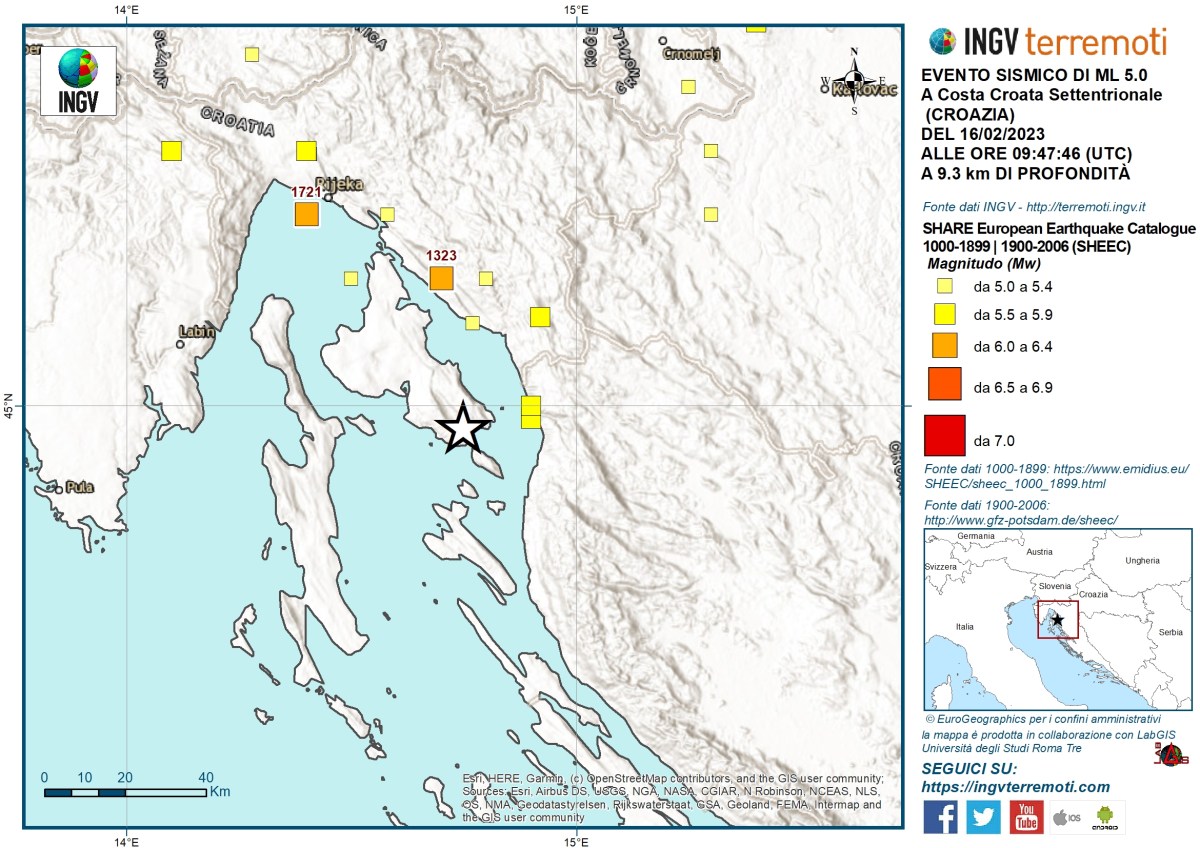 Evento sismico ML 5.0 Costa Croata settentrionale, 16 febbraio 2023
