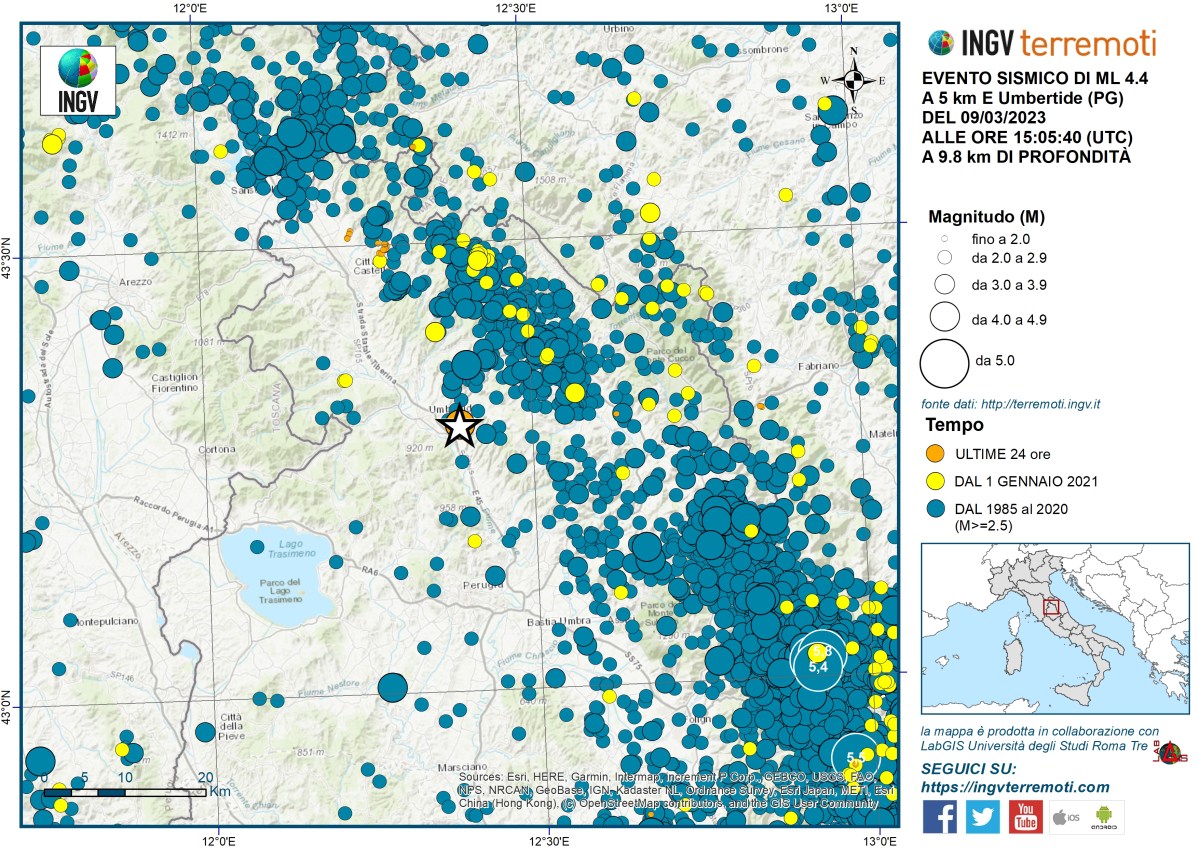 Evento sismico del 9 marzo 2023, ML 4.4 (Mw 4.3) in provincia di Perugia