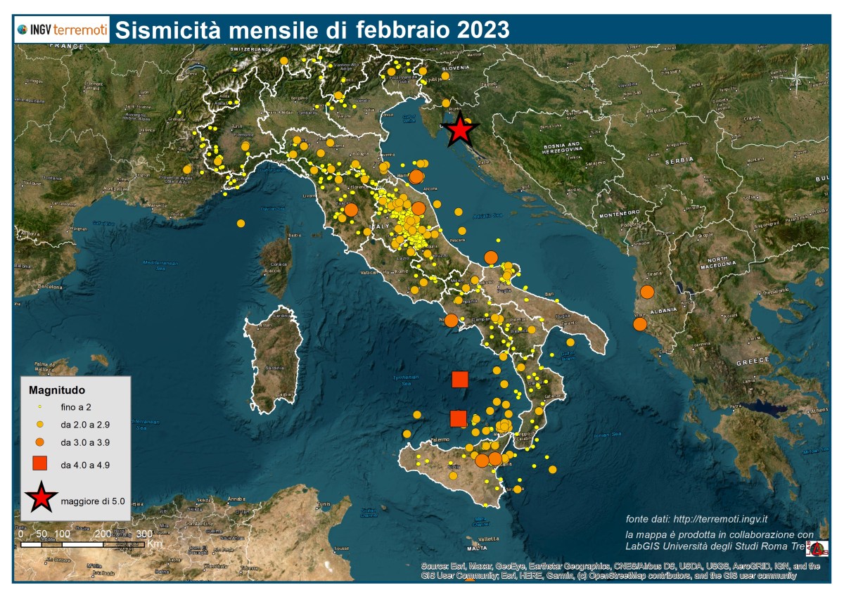 Le mappe mensili della sismicità, febbraio 2023