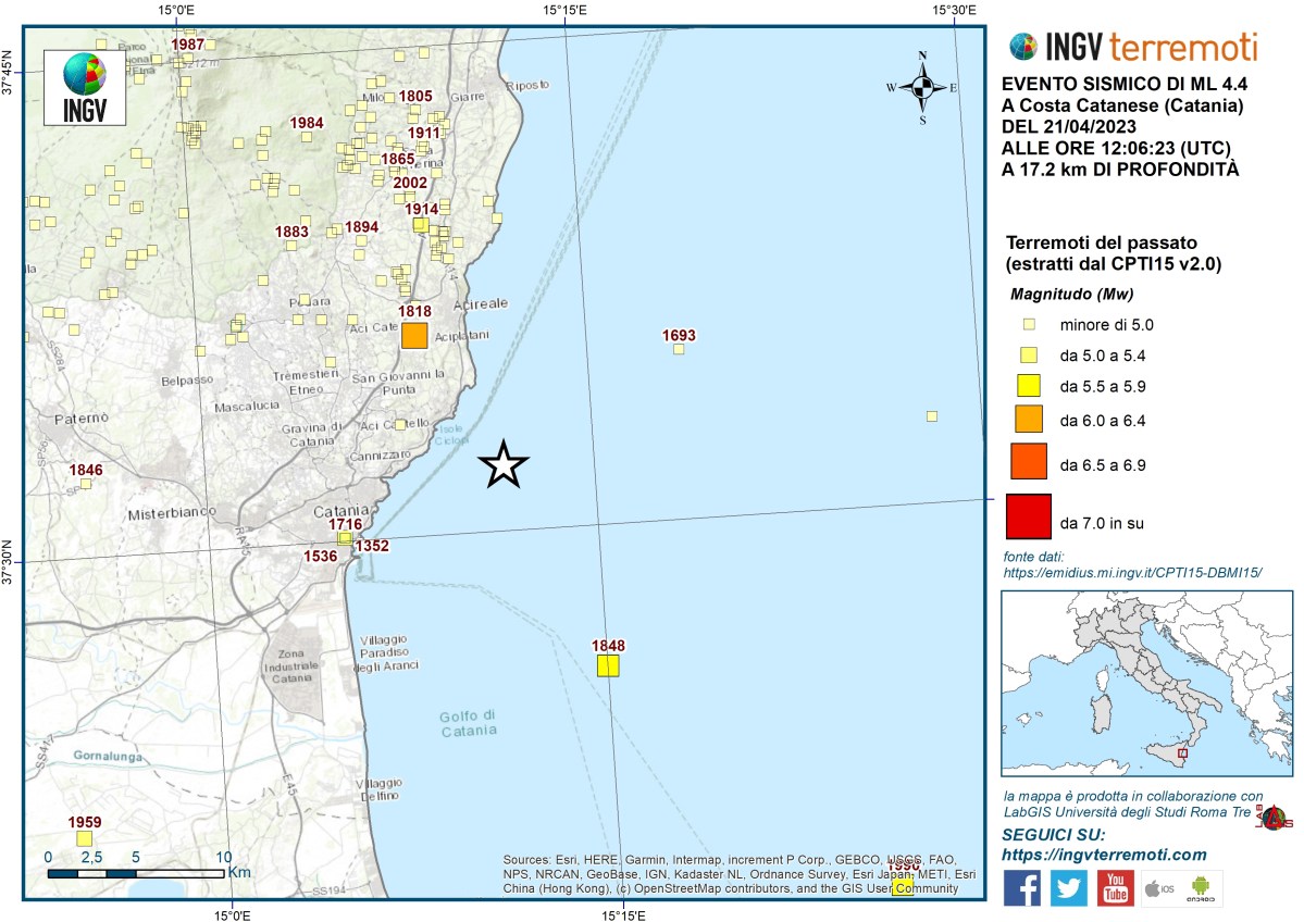 Evento sismico del 21 aprile 2023, ML 4.4, in provincia di Catania