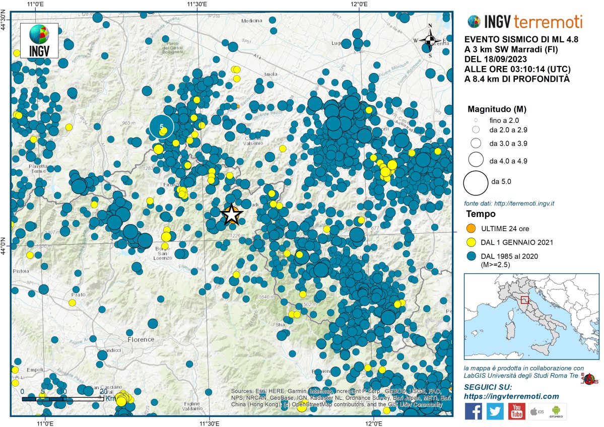 Evento sismico Ml 4.8 in provincia di Firenze, 18 settembre 2023