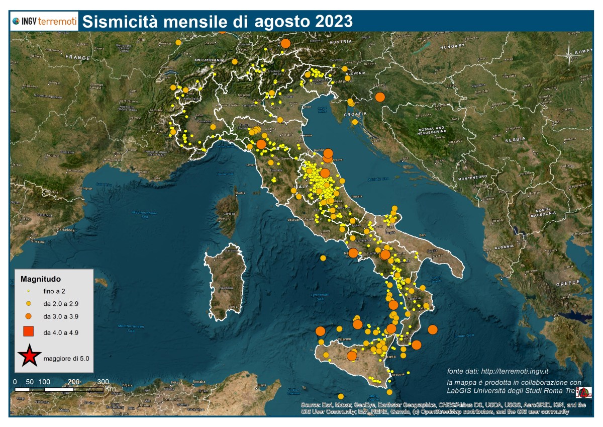 Le mappe mensili della sismicità, agosto 2023