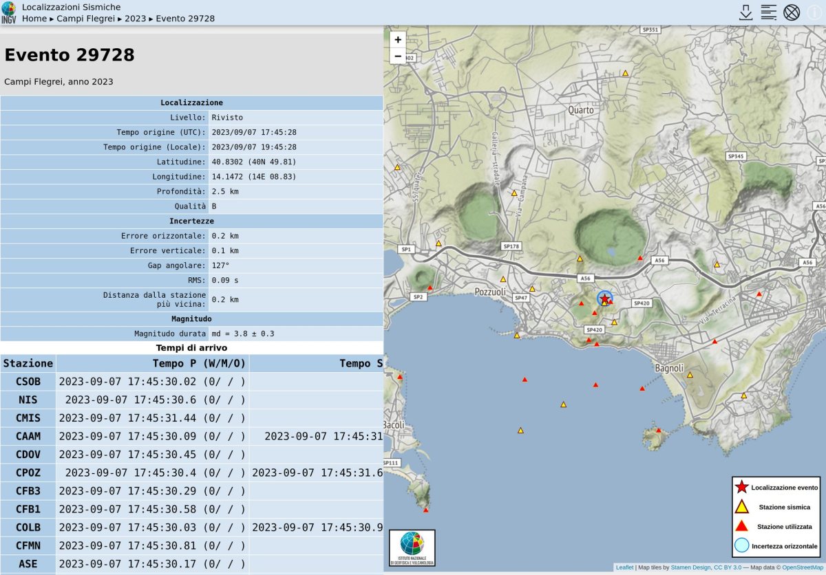 Evento sismico ai Campi Flegrei, 7 settembre 2023
