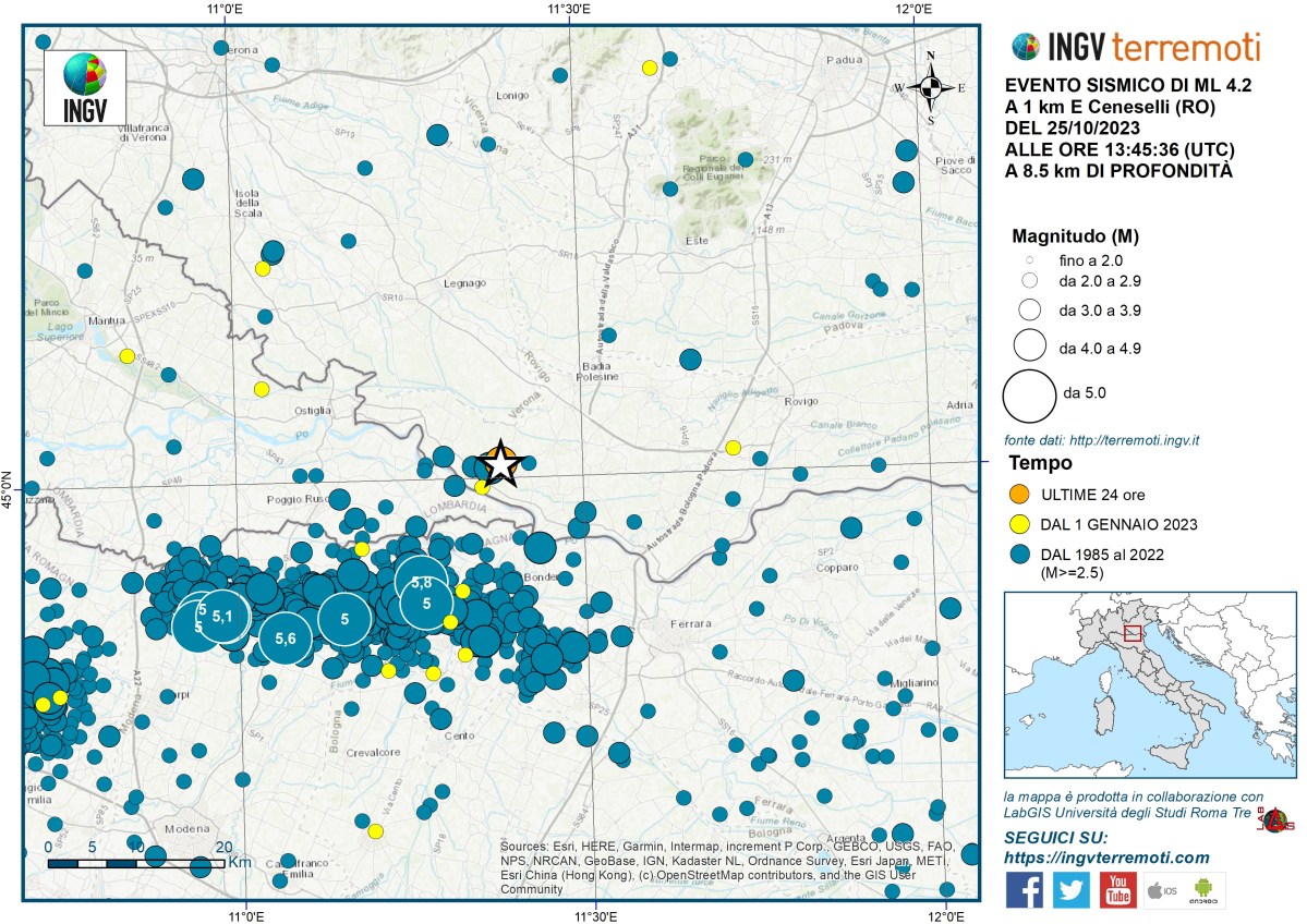 Evento sismico Ml 4.2 in provincia di Rovigo, 28 ottobre 2023