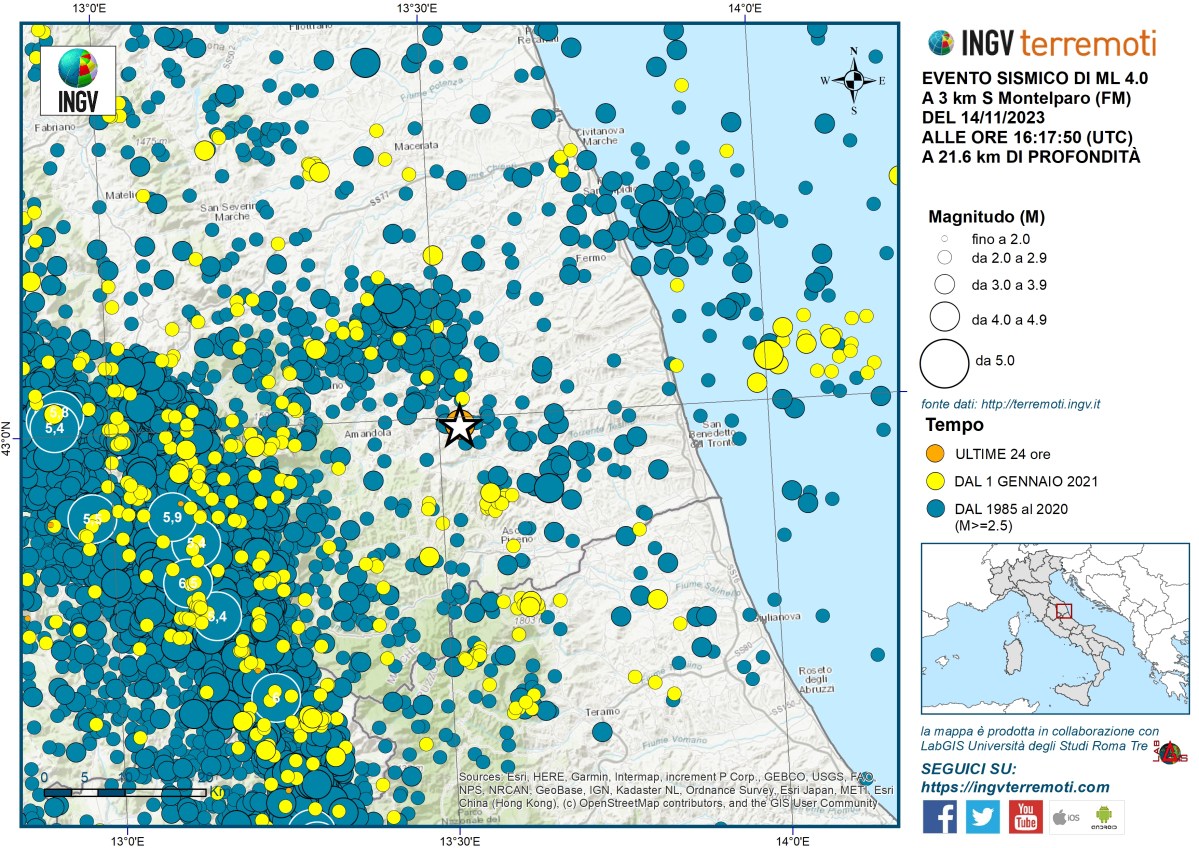 Evento sismico Ml 4.0, Mw 3.9, in provincia di Fermo, 14 novembre 2023