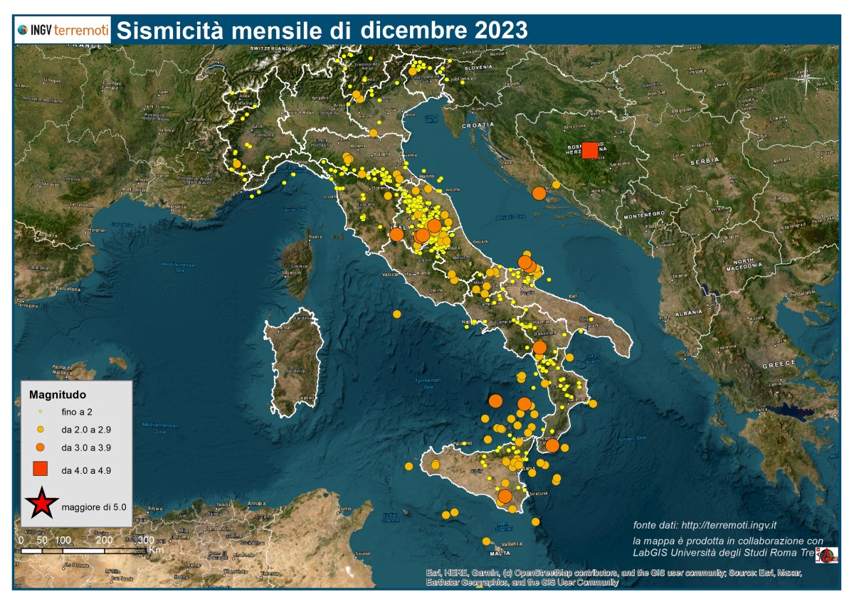 Le mappe mensili della sismicità, dicembre 2023