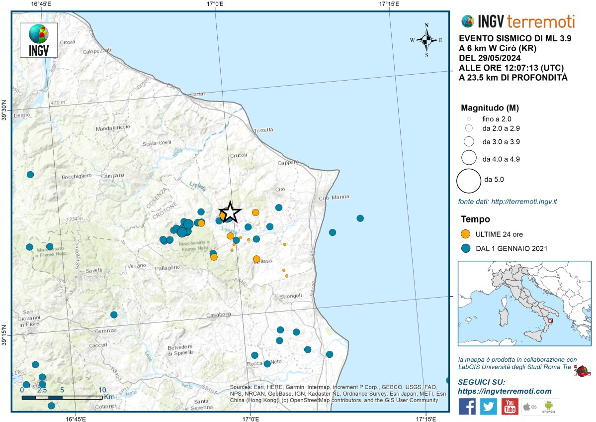 Evento sismico ML 3.9, Mw 4.0, in provincia di Crotone, 29 maggio 2024