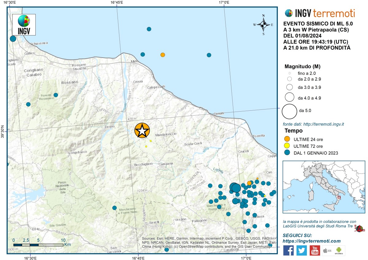 Evento sismico di magnitudo ML 5.0, in provincia di Cosenza, 1 agosto 2024