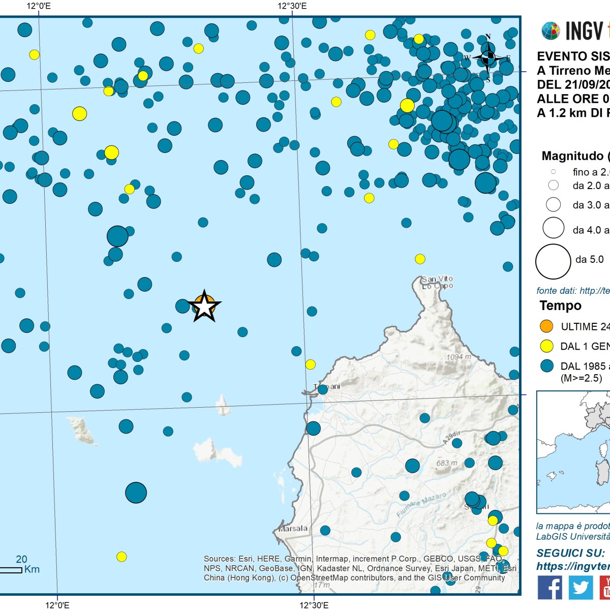 Evento sismico Ml 4.1 al largo delle isole Egadi, 21 settembre 2024