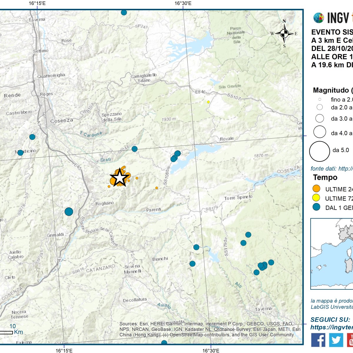 Sequenza sismica in provincia di Cosenza, ottobre 2024