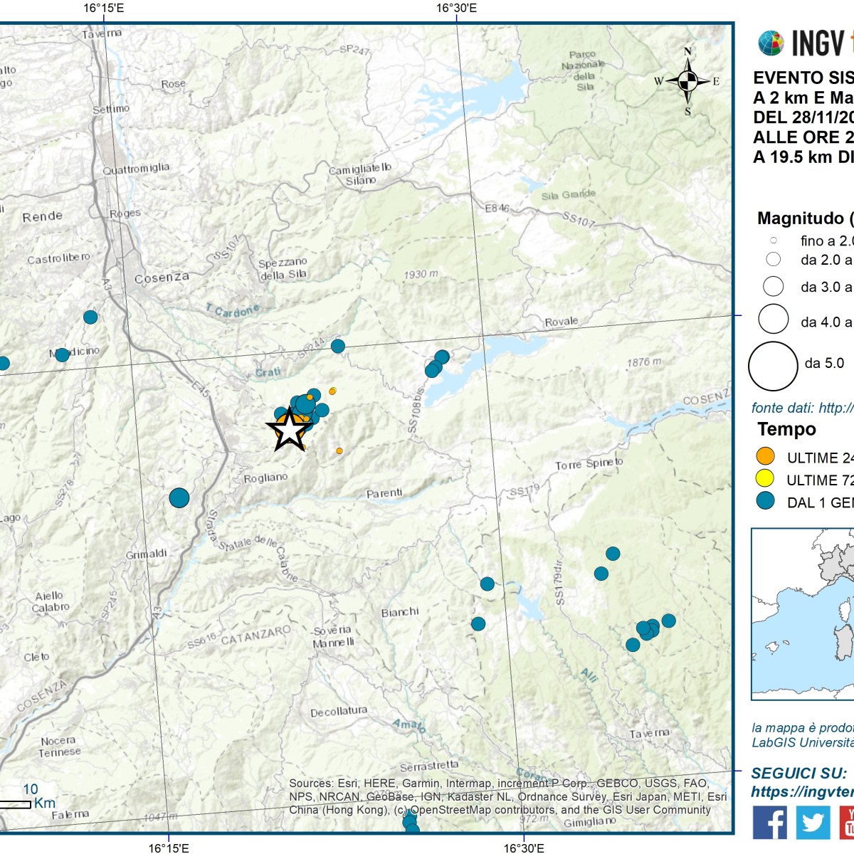 Evento sismico di magnitudo ML 4.2 (Mw 4.2) in provincia di Cosenza, 29 novembre 2024