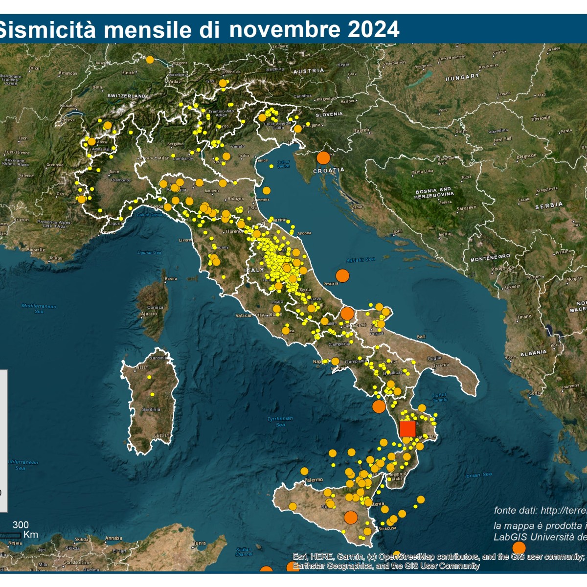 Le mappe mensili della sismicità, novembre 2024