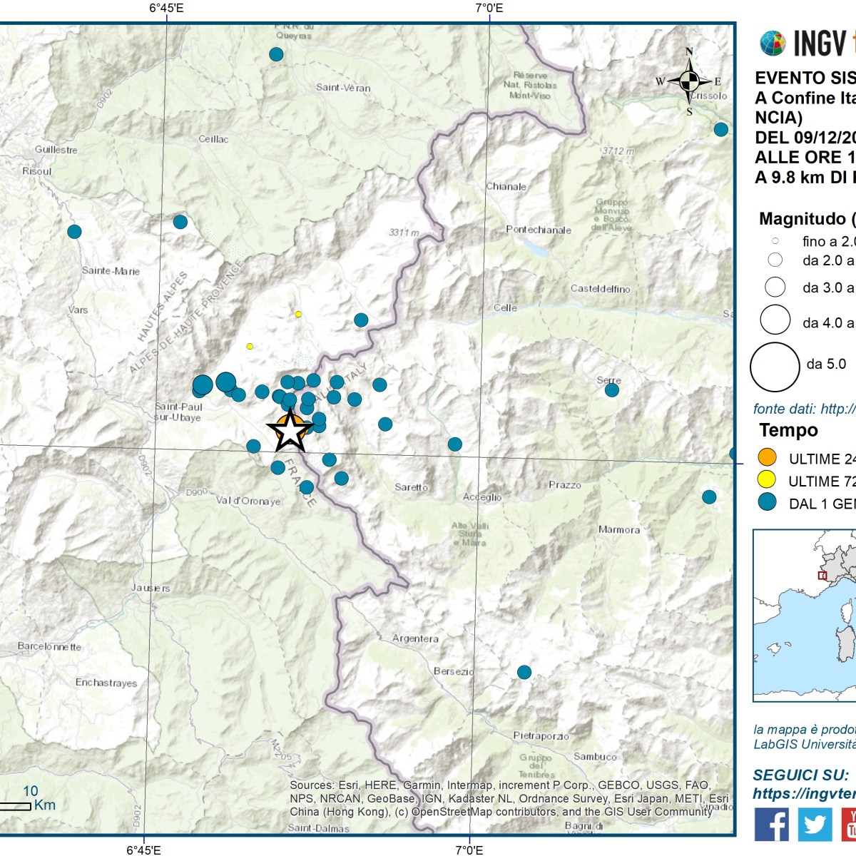 Evento sismico Ml 4.0 (Mw 3.8) al confine tra Italia e Francia, 9 dicembre 2024