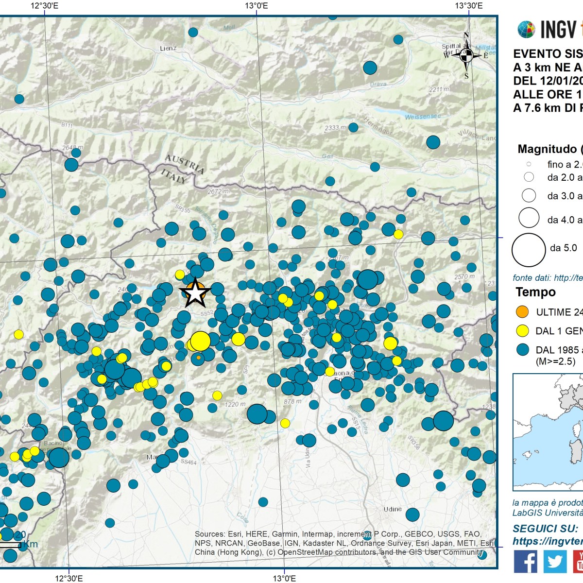 Evento sismico ML 4.0, in provincia di Udine, 12 gennaio 2025
