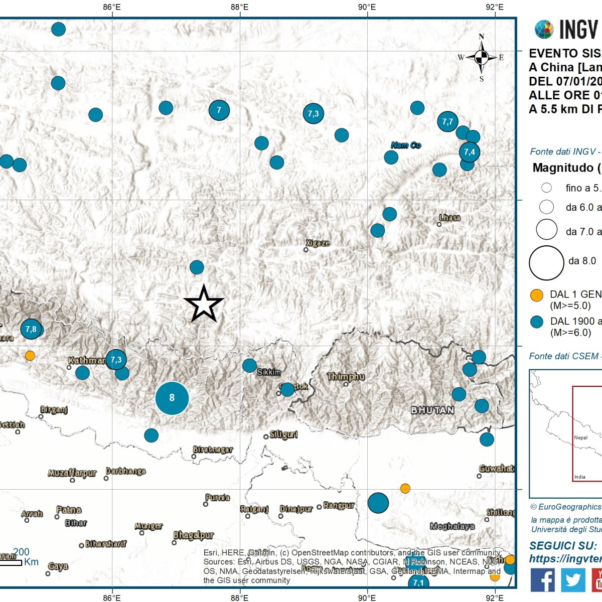 Terremoto di magnitudo Mwp 7.0 in Tibet del 7 gennaio 2025