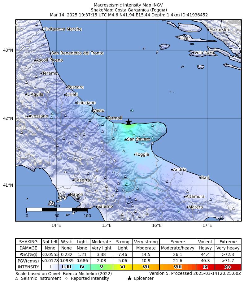Evento sismico ML 4.7 al largo della Costa Garganica, 14 marzo 2025