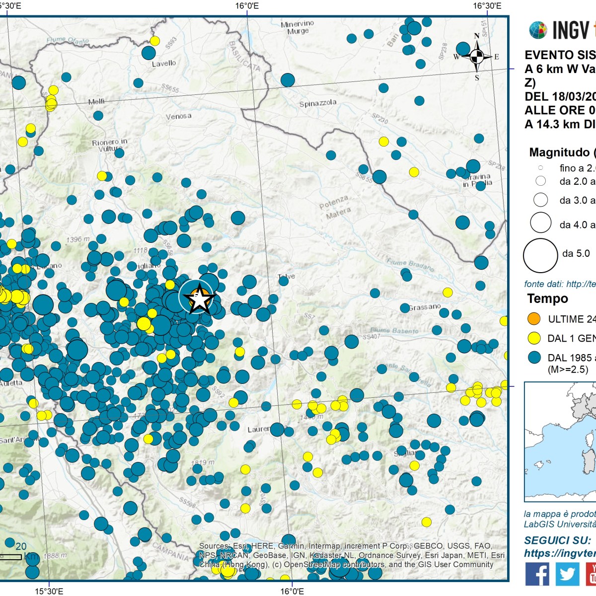 Evento sismico, Mw 4.2, in provincia di Potenza, 18 marzo 2025