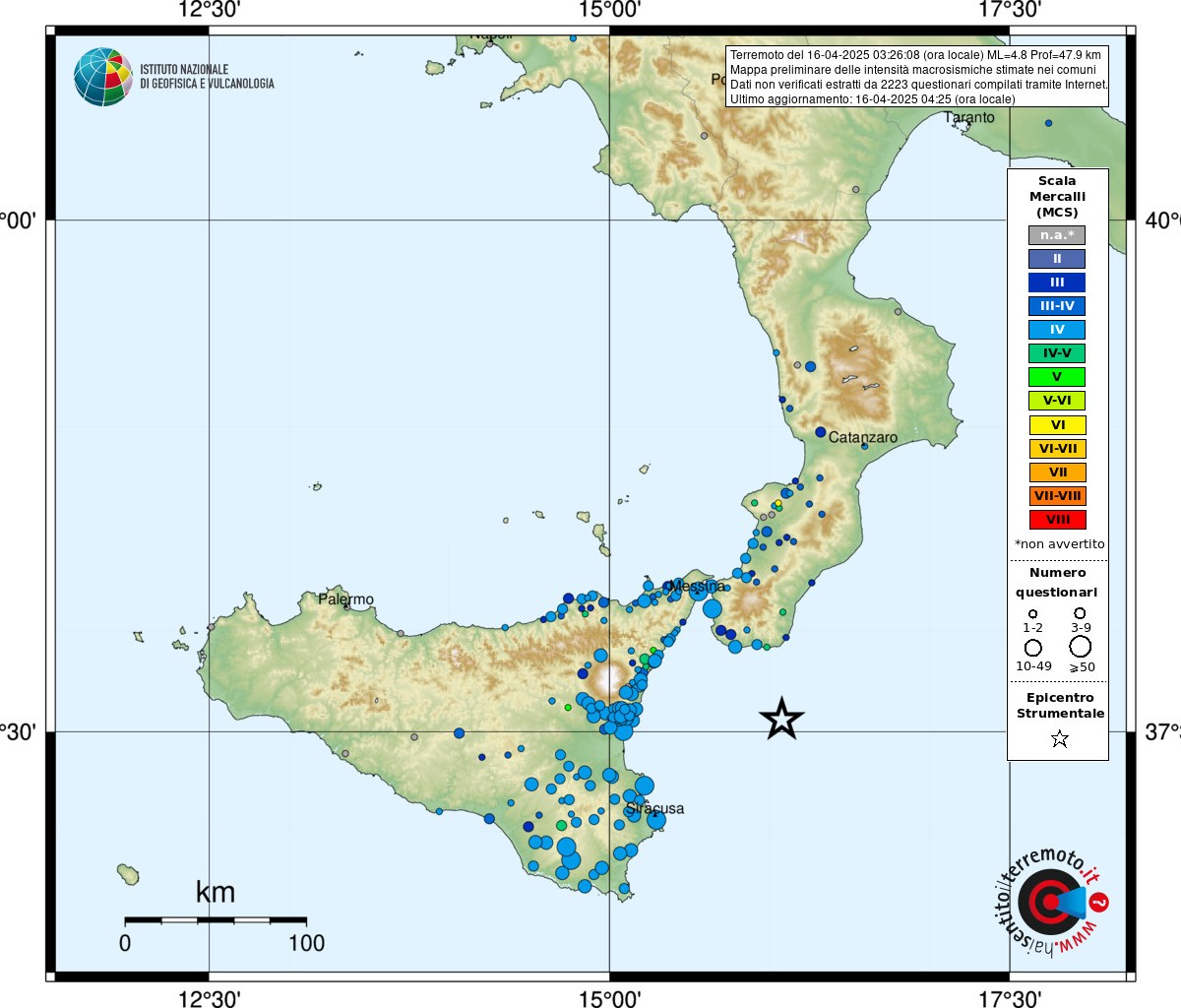 Evento sismico nel Mar Ionio, ML 4.8, 16 aprile 2025