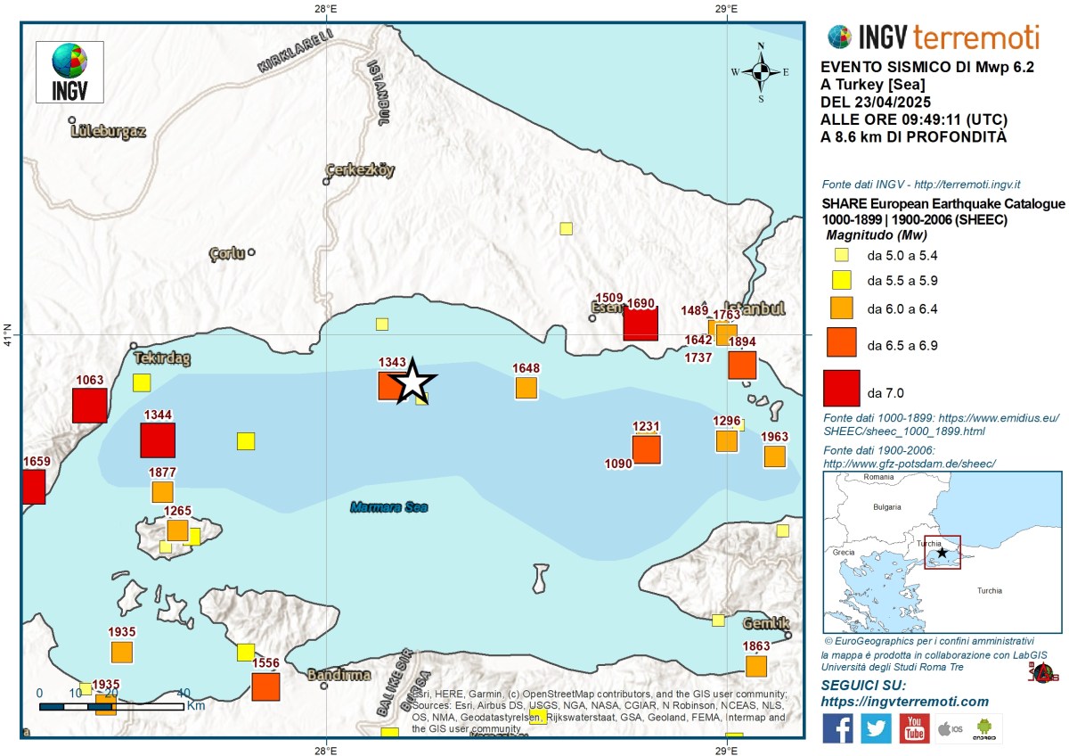 Terremoto di magnitudo Mw6.2 nel Mar di Marmara (Turchia), 23 aprile 2025