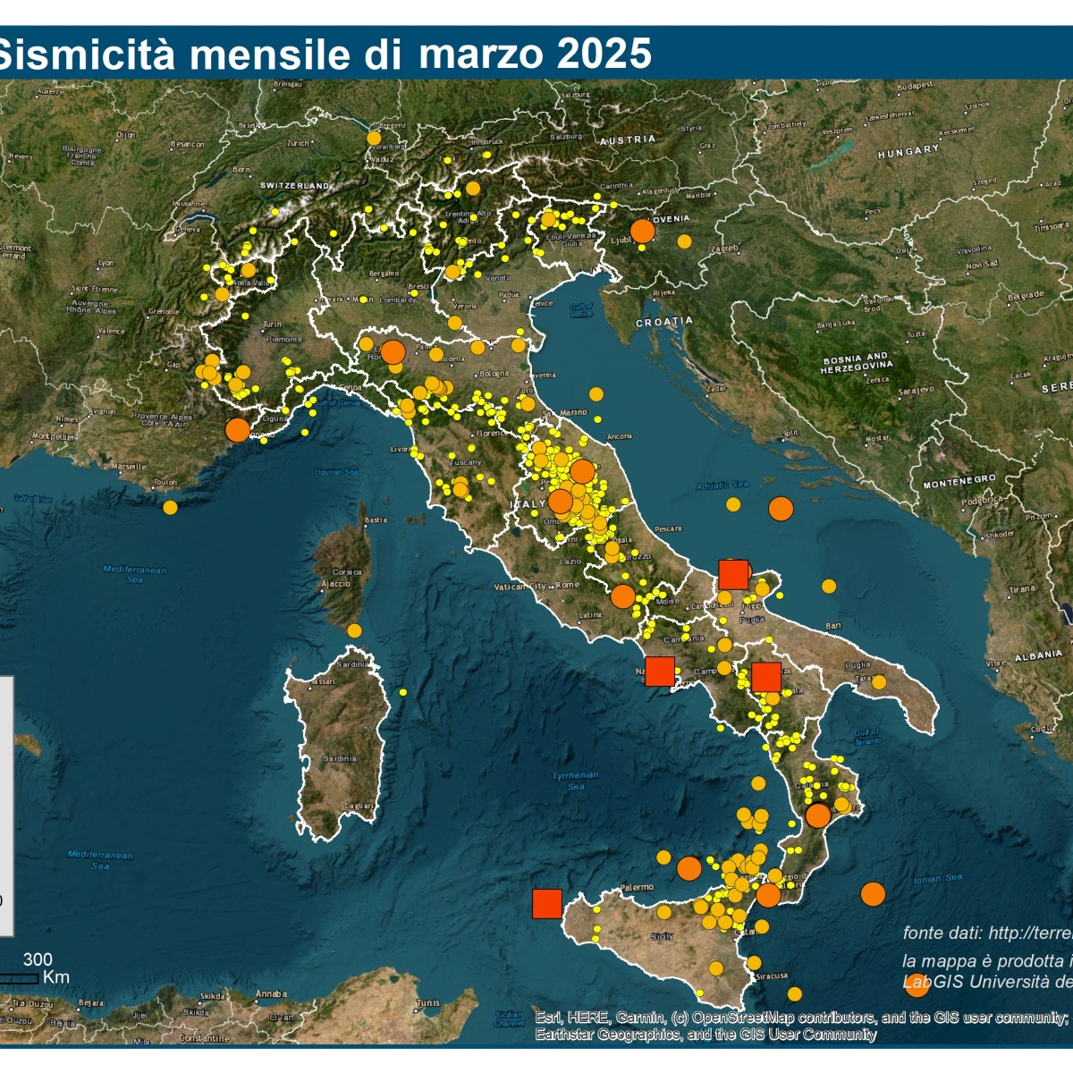 Le mappe mensili della sismicità, marzo 2025