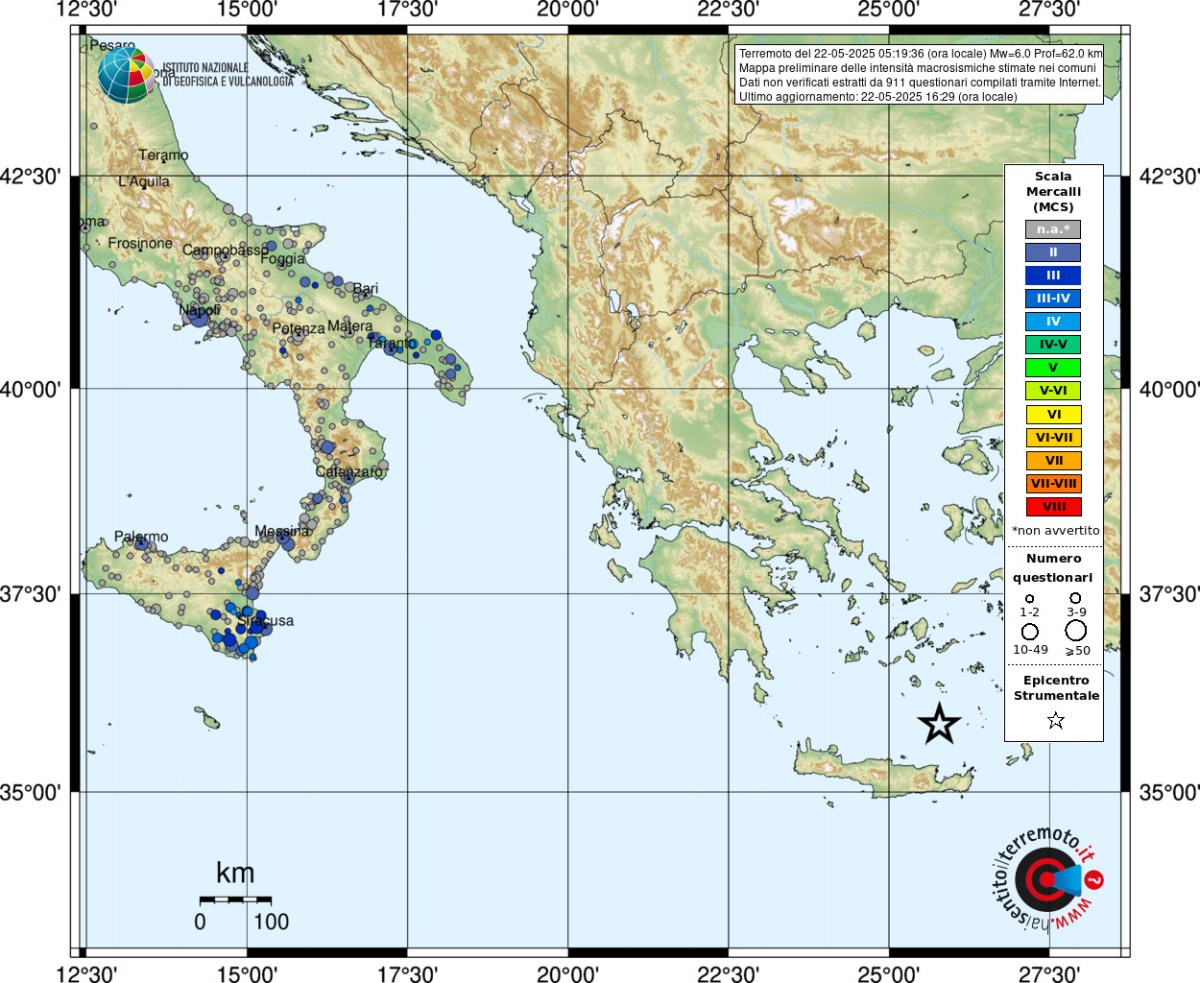 Evento sismico Mw 6.0 a Creta (Grecia), 22 maggio 2025