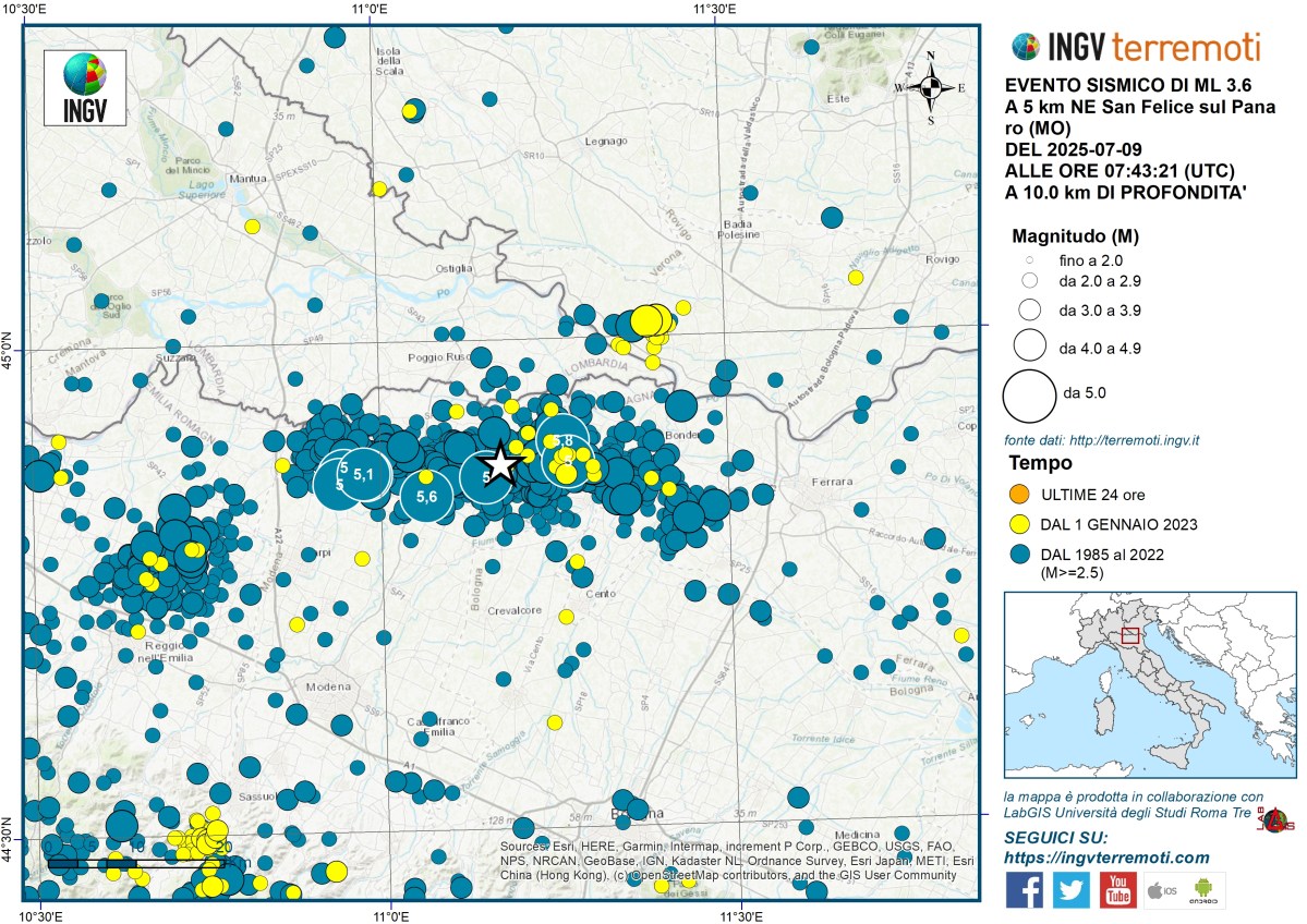 Evento sismico Ml 3.6 in provincia di Modena, 9 luglio 2025