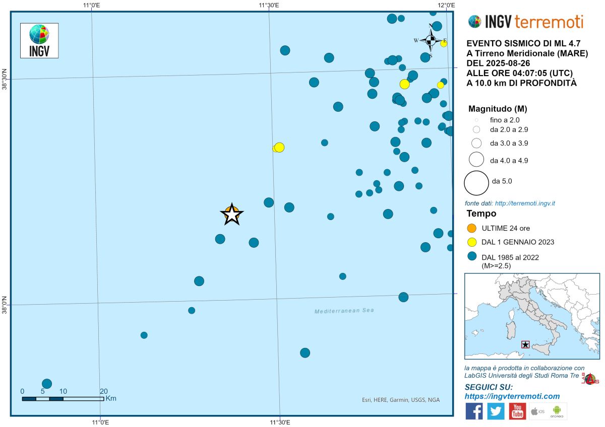 Evento sismico ML 4.7, alle Isole Egadi, 26 agosto 2025