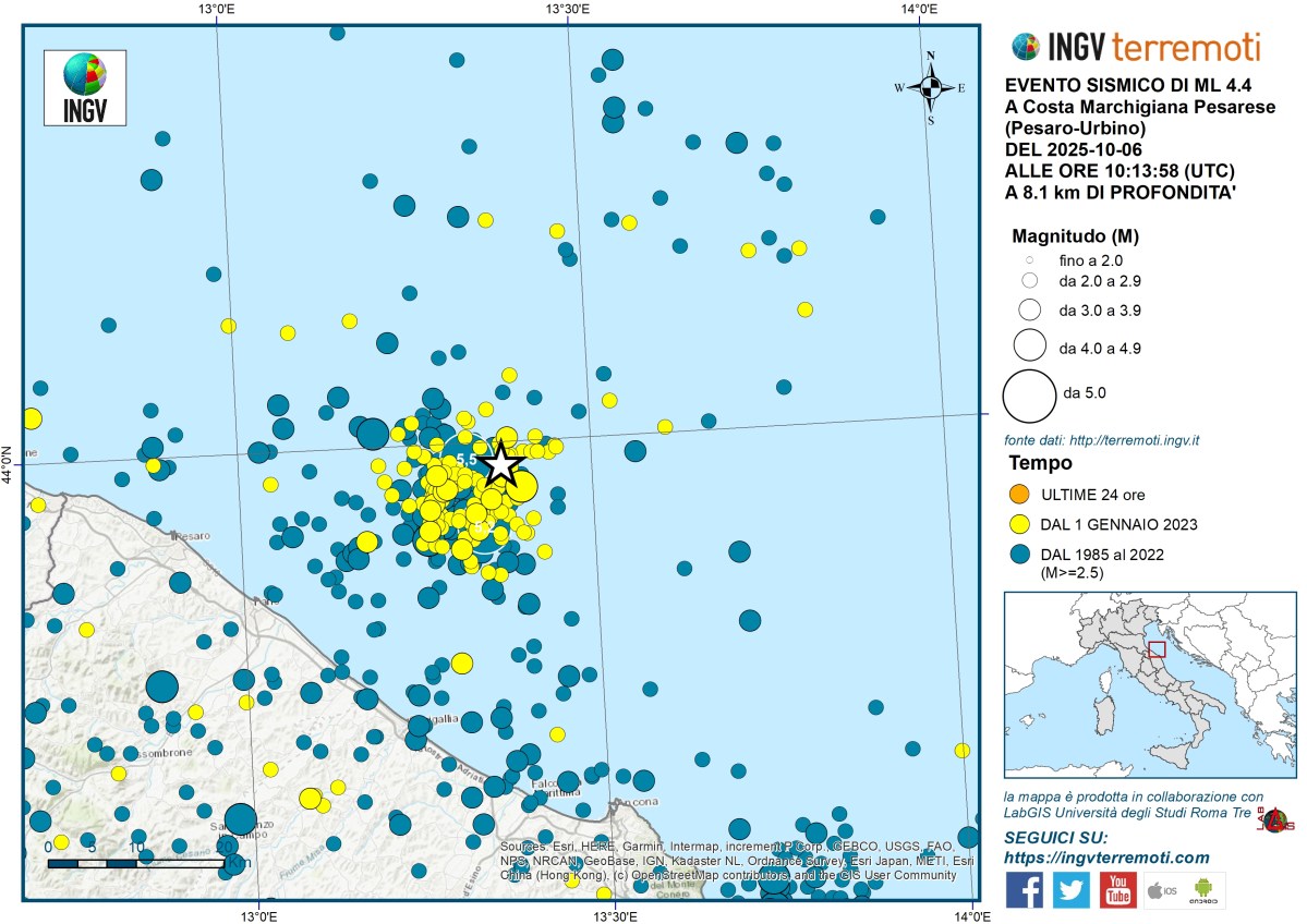 Evento sismico ML 4.4, al largo della Costa Marchigiana Pesarese, 6 ottobre 2025